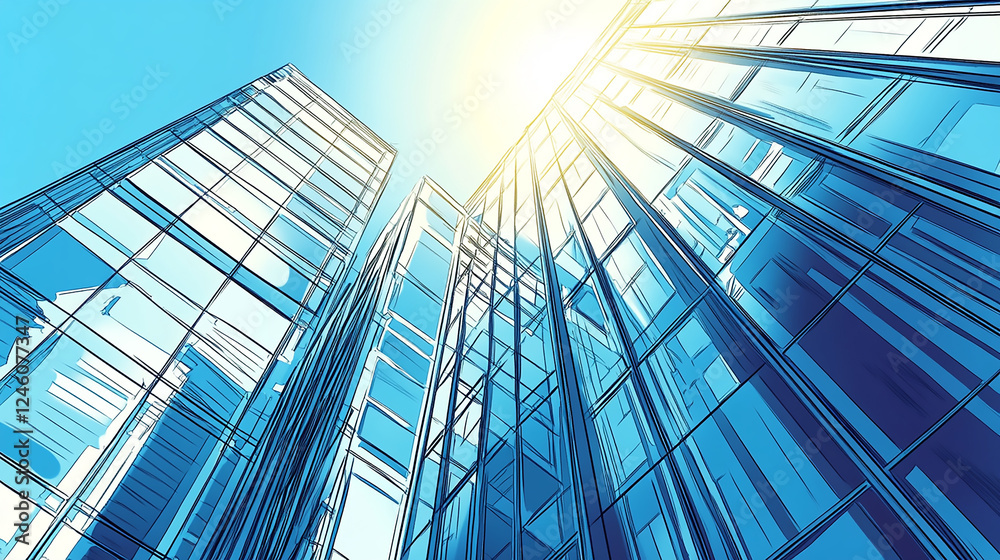 Obraz premium Glass Facade of a Modern Office Building Modern office building with blue sky and glass facade, depicting the concept of economy and finance from a bottom-up
