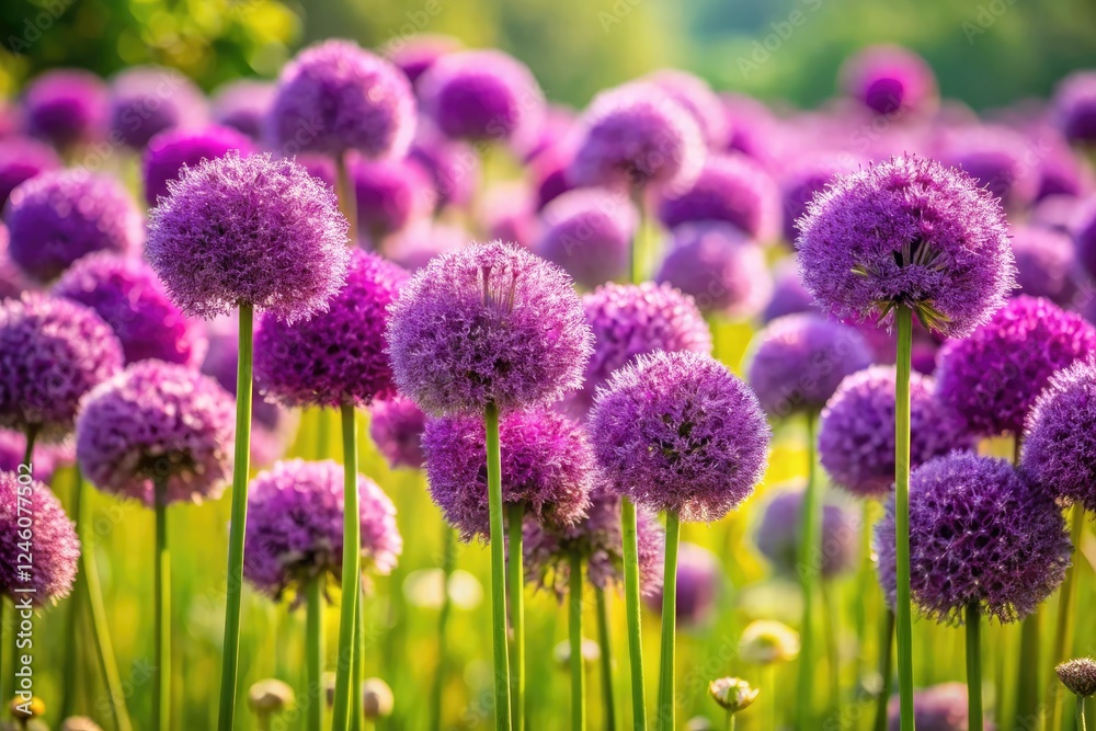 Spring's vibrant purple allium meadow, a decorative bow accentuating the panoramic floral bloom, a stunning nature wallpaper.