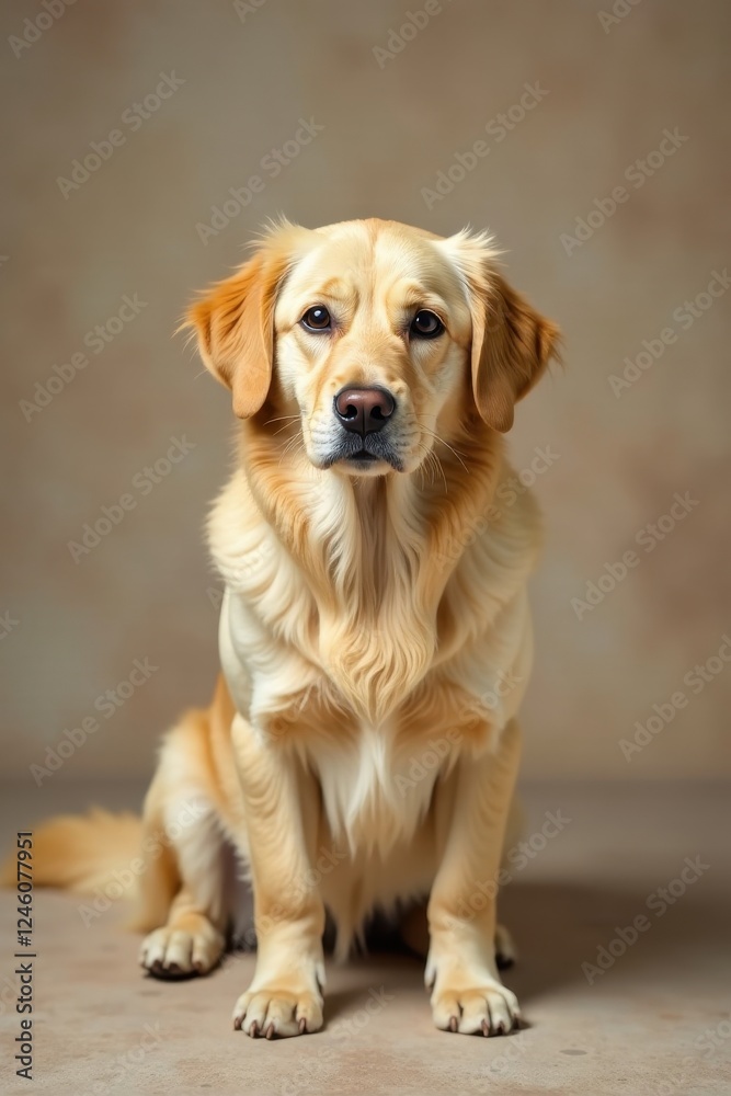 A Golden Retriever Puppy Posing for a Studio Portrait, Sitting Calmly and Gazing Directly at the Camera with a Gentle Expression A Golden Retriever Puppy Posing for a Studio Portrait, Sitting Calmly and Gazing Directly at the Camera with a Gentle Expression