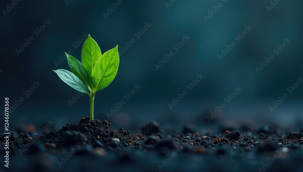 Small plant with a single tiny black leaf growing from the soil on dark blue ground, dark blue ground, one leaf Small plant with a single tiny black leaf growing from the soil on dark blue ground, dark blue ground, one leaf