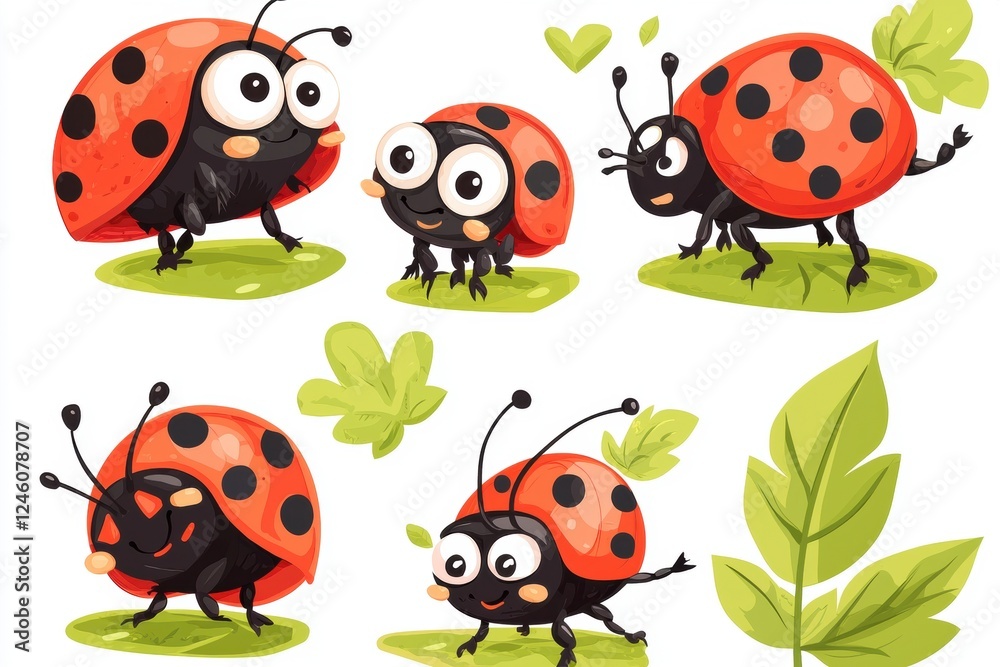 Fototapeta premium Playful ladybugs on green leaves nature illustration whimsical design vibrant colors close-up perspective