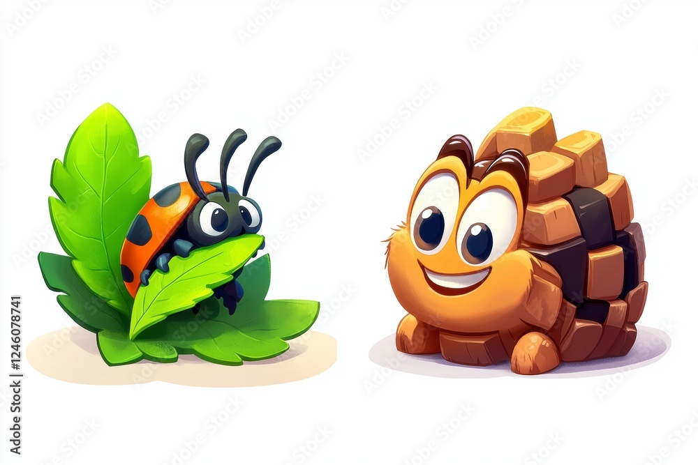 Playful insect characters digital art nature whimsical style close-up view animation concepts Playful insect characters digital art nature whimsical style close-up view animation concepts