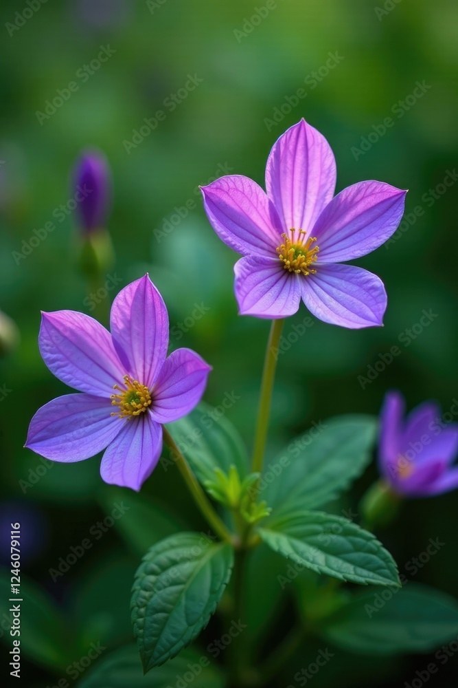 Delicate violet flowers with intricate purple petals and leaves in a lush garden, wildflowers, flowers Delicate violet flowers with intricate purple petals and leaves in a lush garden, wildflowers, flowers