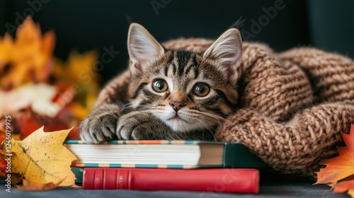 This cute tabby cat lies comfortably on a stack of books with colorful autumn leaves, creating an inviting scene that showcases warmth and tranquility. photo