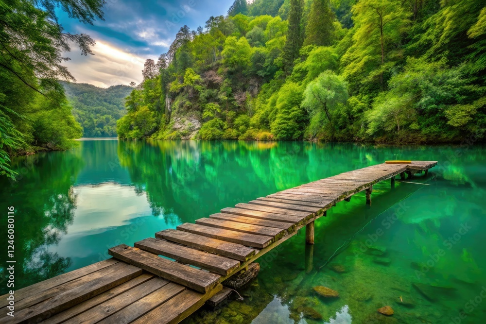 Sunken dock, eerie tranquility pervades the overgrown swamp, its still green waters mirroring a decaying cliff. Sunken dock, eerie tranquility pervades the overgrown swamp, its still green waters mirroring a decaying cliff.