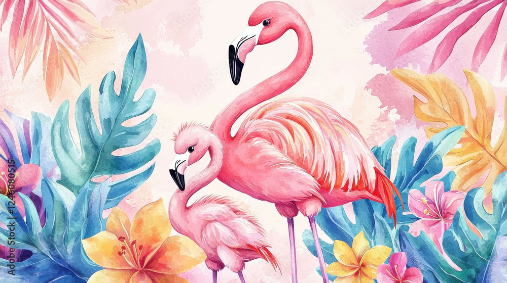 Fototapeta premium Two pink flamingos surrounded by tropical flowers and vibrant leaves in a lush setting.