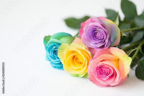 Vibrant multicolored roses arranged elegantly on a white background. isolated on white background.