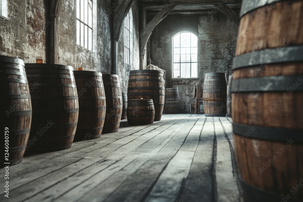Whiskey barrels aged in rustic warehouse Whiskey barrels aged in rustic warehouse