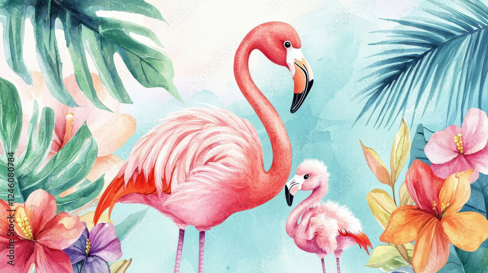 Fototapeta premium Vibrant watercolor flamingos and tropical flowers in a lush paradise setting.