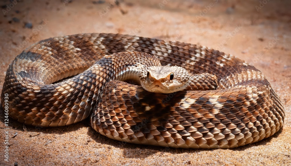 Obraz premium Vigilant Western Diamondback Rattlesnake in Desert Dusk, Coiled and Ready against Red Rock Backdrop