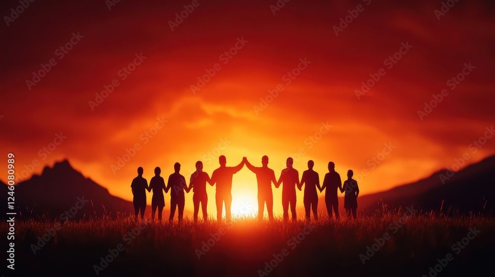 Diverse Group of People Holding Hands at Sunset with Mountain View Diverse Group of People Holding Hands at Sunset with Mountain View
