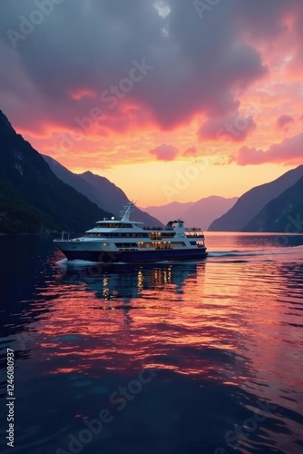 Muted color palette of a ferry on Howe Sound at dusk, dusk, sunset photo