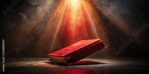 Surreal, dark religious art: a red Bible against a black backdrop, depicting biblical fantasy. photo