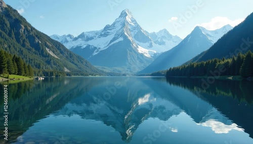 Mountain peaks tower above a serene alpine lake, water, lake, reflection