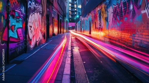 Night city alley, vibrant graffiti, light trails, urban background (1)