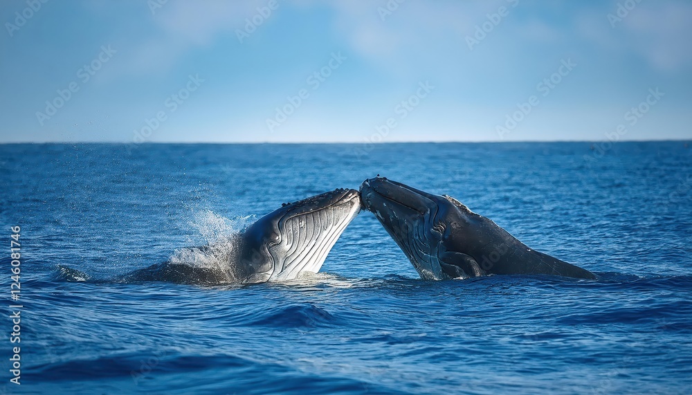 Fototapeta premium Magical Moment Majestic Humpback Whales Embracing in a Heartwarming Kiss off the Coast of Tonga, Capturing the Love and Grace of these Giant Mammals in the Crystal Clear Waters.