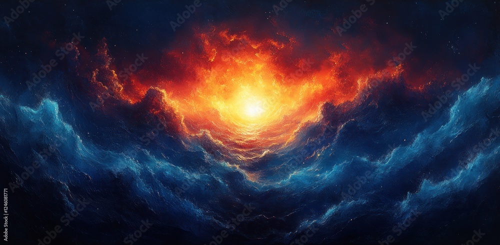 Fototapeta premium Impressionistic Dreamy Abstract Artwork with Deep Blues Fiery Reds and Textured Layers