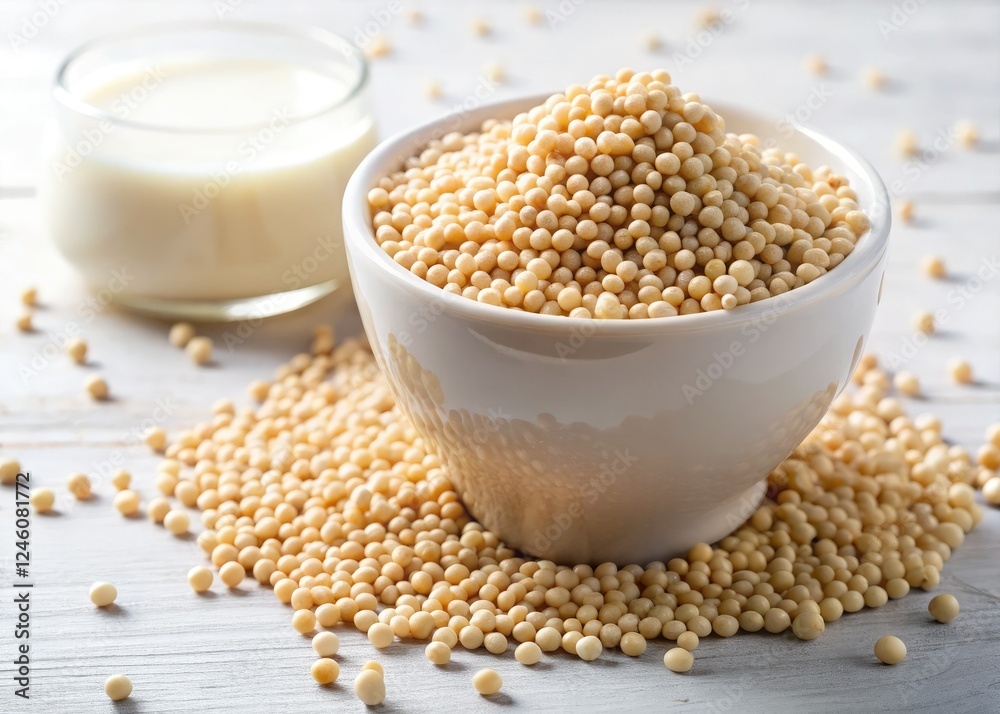 Tilted aerial shot: a bowl of creamy white job's tears millet milk, miniature world charm. Tilted aerial shot: a bowl of creamy white job's tears millet milk, miniature world charm.
