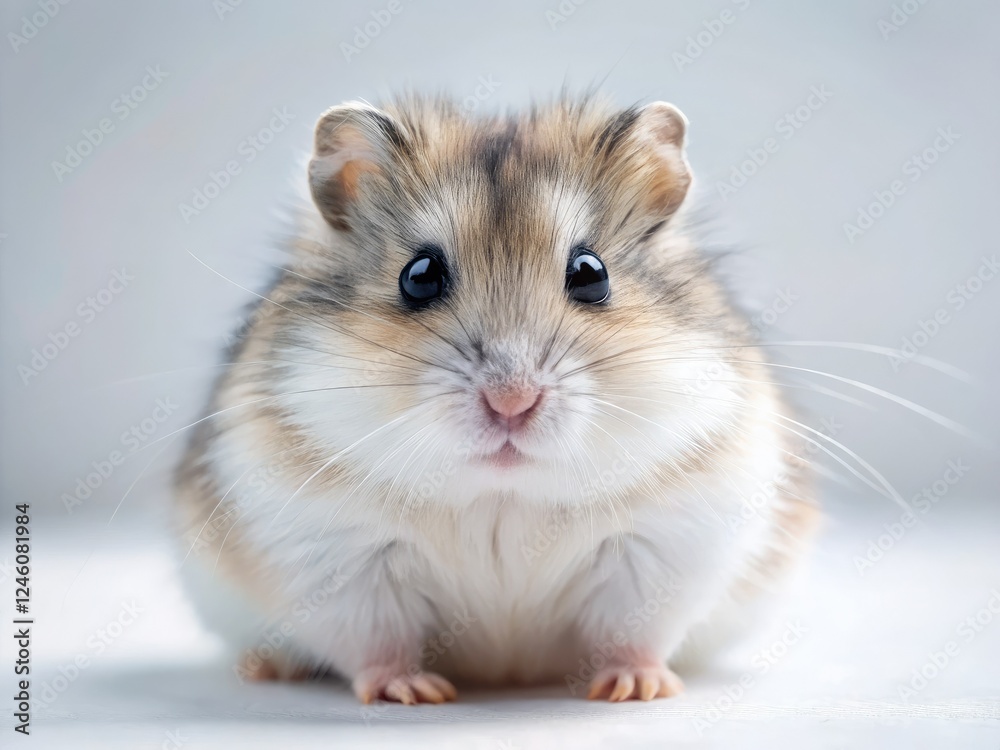 Tiny hamster, perfectly posed, against a pristine white backdrop. Adorable rodent photography. Tiny hamster, perfectly posed, against a pristine white backdrop. Adorable rodent photography.