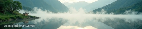 Morning mist of Long Kiye hovering over the lake, dew drops, ripples, lake