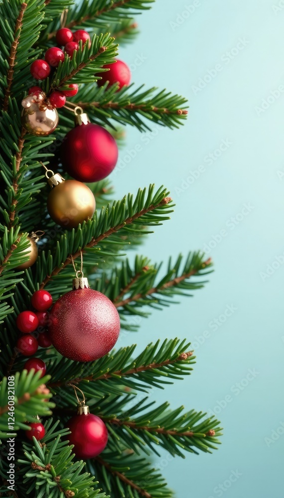 Pine branch arrangement with multicolored glass balls and berries, branches, decoration, colorful Pine branch arrangement with multicolored glass balls and berries, branches, decoration, colorful