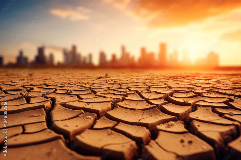 Obraz premium Dry cracked soil and city on blurred background at sunset representing global warming