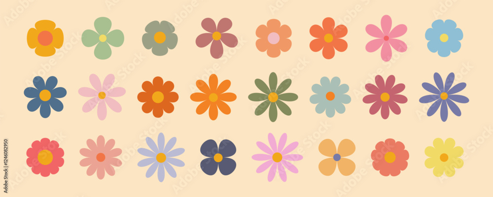 Groovy simple flowers set. Collection of abstract flowers in minimalistic style. Geometric flower set. Abstract minimal daisy elements. Brutalist design. Groovy simple flowers set. Collection of abstract flowers in minimalistic style. Geometric flower set. Abstract minimal daisy elements. Brutalist design.