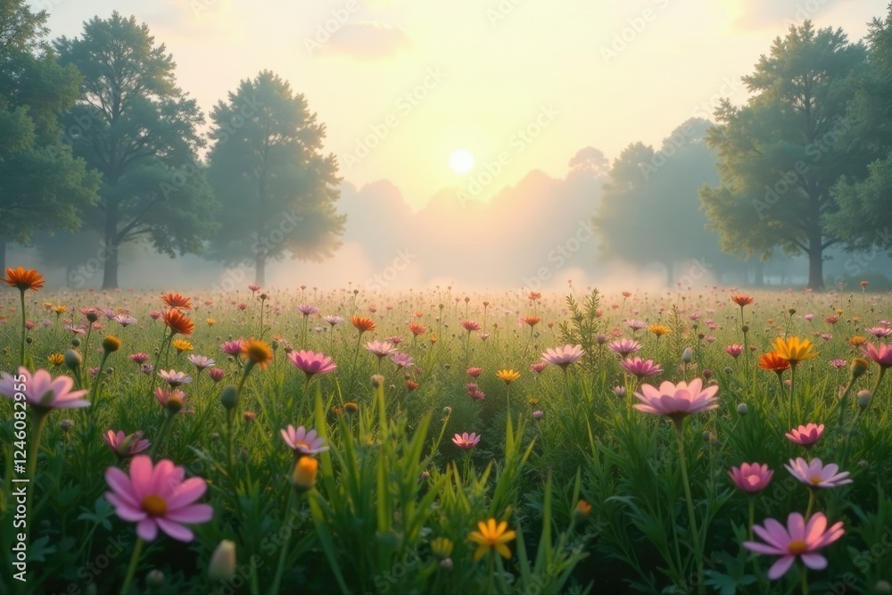 Fototapeta premium misty morning in a lush meadow with blooming flowers, mist, landscape, nature