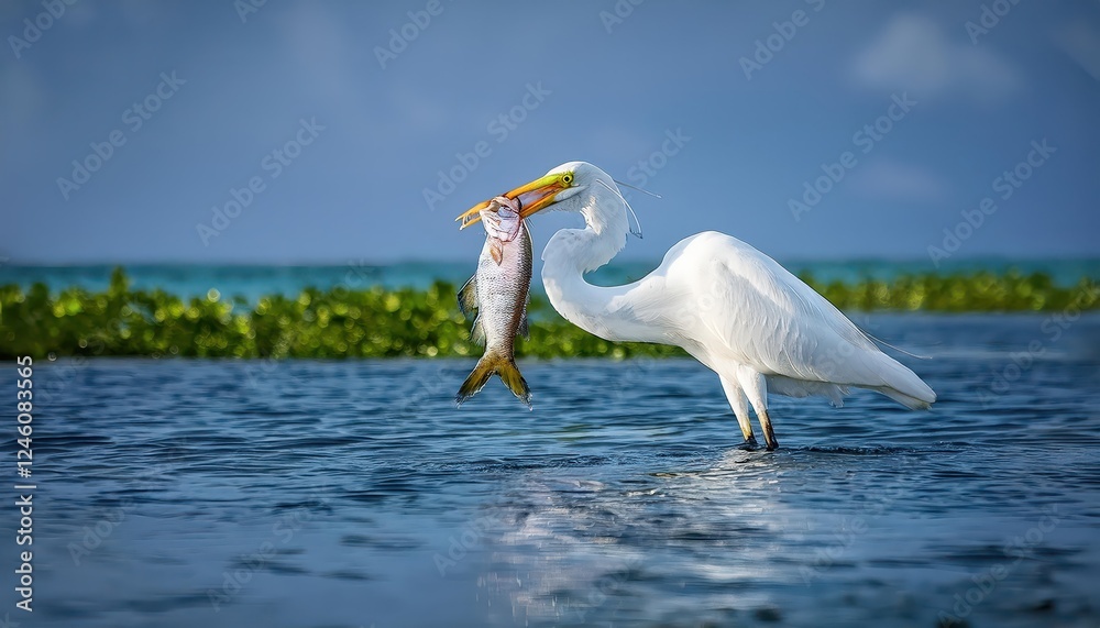 Obraz premium Striking White Egret Catching a Large Fish in the Serene Bubali Bird Sanctuary, Aruba Majestic Beauty Amidst Tropical Greenery and Turquoise Waters