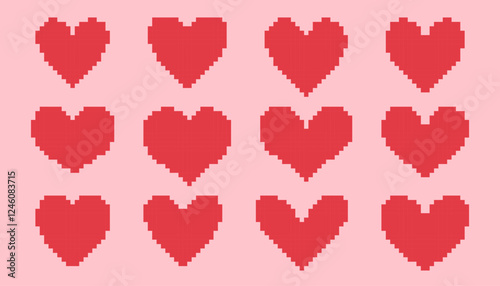 Pixel heart set different shapes. Red 8 bit hearts on pink background for poster pattern, print, design, elements. Flat vector icon collection