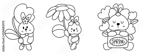 Springtime outline illustration, Cute spring themed illustrations featuring bunny with flower, bunny holding umbrella