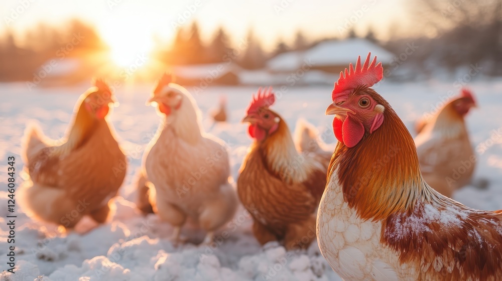 Fototapeta premium A serene scene of chickens frolicking in the snow during a picturesque sunset, showcasing their feathers and vibrant colors against the winter landscape.
