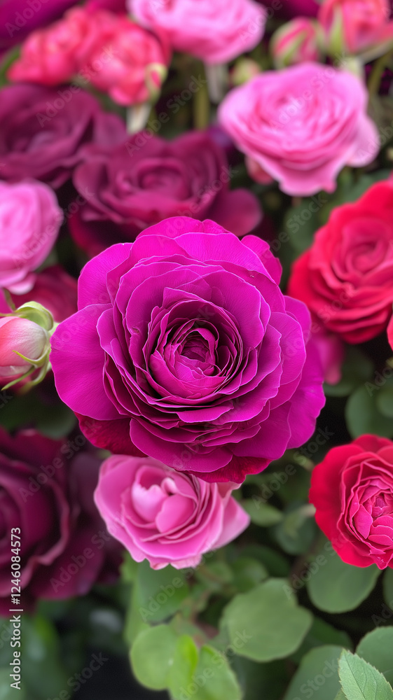 Vibrant Display of Pink and Fuchsia Roses in Full Bloom Celebrating the Beauty of Nature During a Bright Sunny Day. Generative AI Vibrant Display of Pink and Fuchsia Roses in Full Bloom Celebrating the Beauty of Nature During a Bright Sunny Day. Generative AI