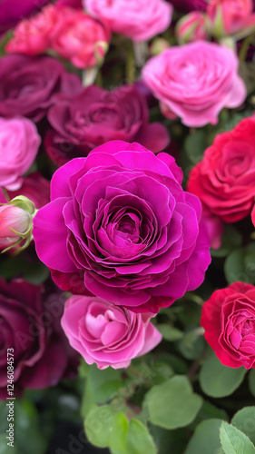Vibrant Display of Pink and Fuchsia Roses in Full Bloom Celebrating the Beauty of Nature During a Bright Sunny Day. Generative AI