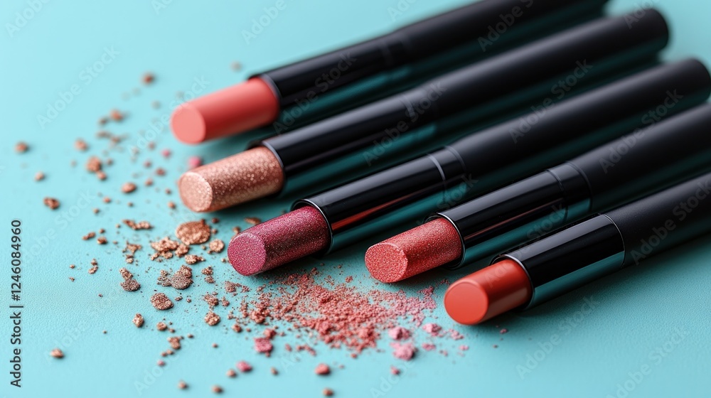 Lipsticks arranged on teal, makeup scattered Lipsticks arranged on teal, makeup scattered