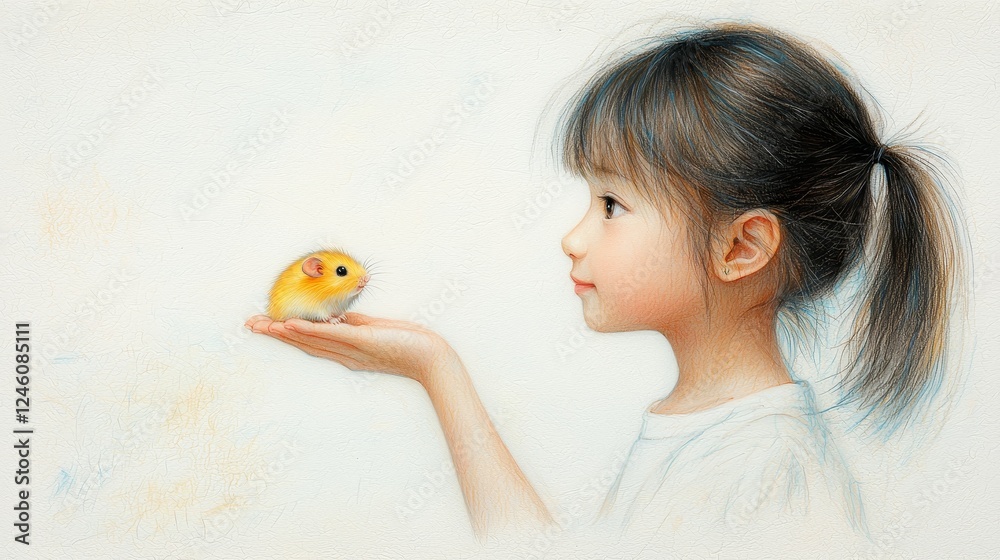 Gentle hands, feathered friend, a little girl's tender moment with small bird little Gentle hands, feathered friend, a little girl's tender moment with small bird little