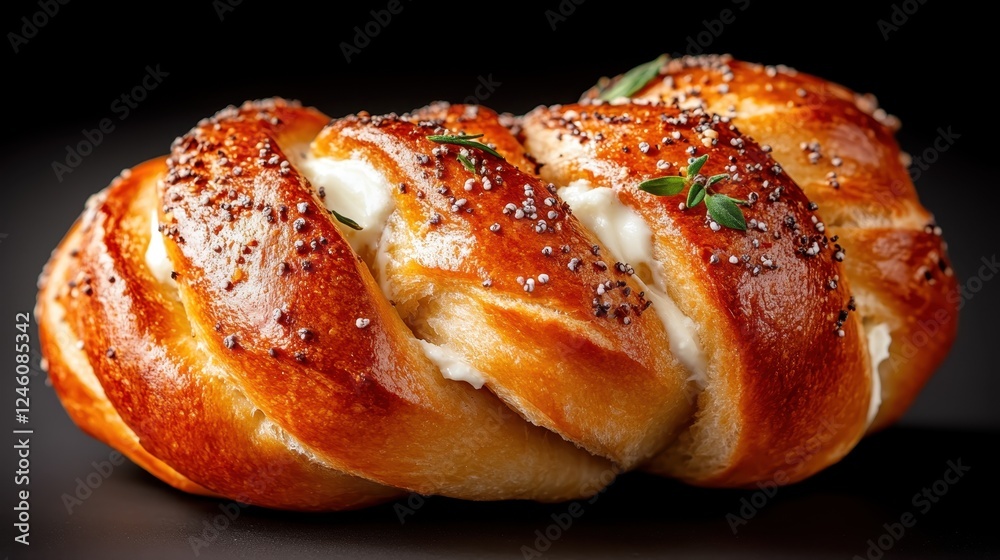 An artistic representation of a twisted bread boasting a creamy filling, showcasing stunning textures and shine. This image captures the essence of freshly baked goods.