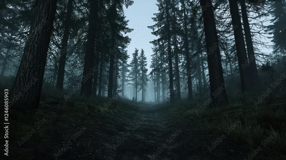 Fototapeta premium Dense Forest at Dusk with Tall Trees Casting Long Shadows in Mysterious Atmosphere