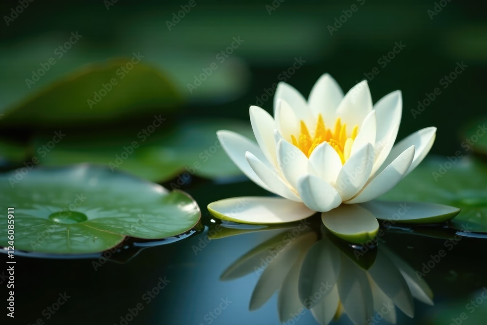 Full bloom of Nymphaea candida on pond surface, freshwater plant, white lily, pond life Full bloom of Nymphaea candida on pond surface, freshwater plant, white lily, pond life