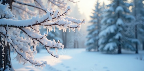 Frozen tree branches with snow accumulation in winter, cold, branches