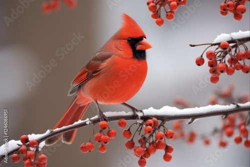 Mystical Winterberry: Northern Cardinal Male Perched on a Bush in Marion County, Illinois