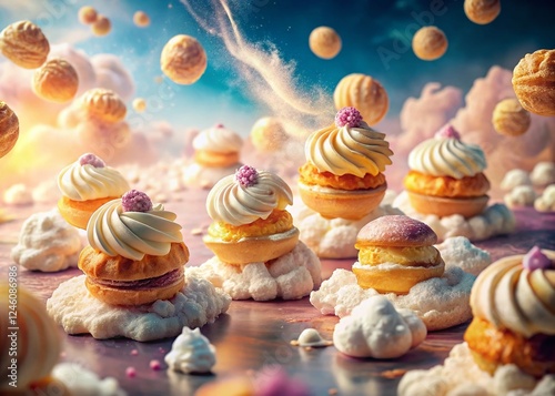Surreal Homemade Cream Puffs: Whimsical Pastry Dreamscape
