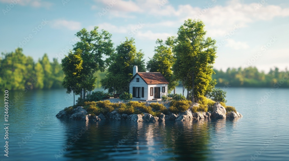 Obraz premium Secluded Island Home: A Tranquil Retreat on a Serene Lake Surrounded by Nature