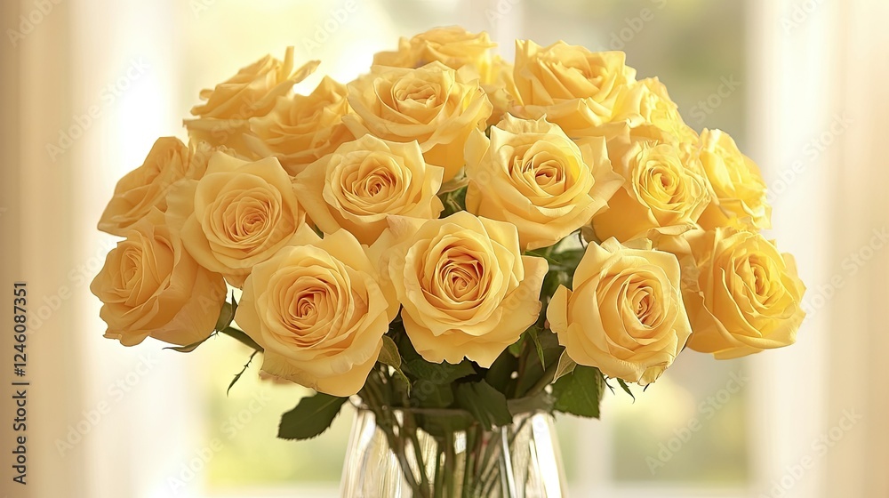 Obraz premium A bouquet of yellow roses arranged in a glass vase, with soft background bokeh creating a warm, inviting atmosphere.