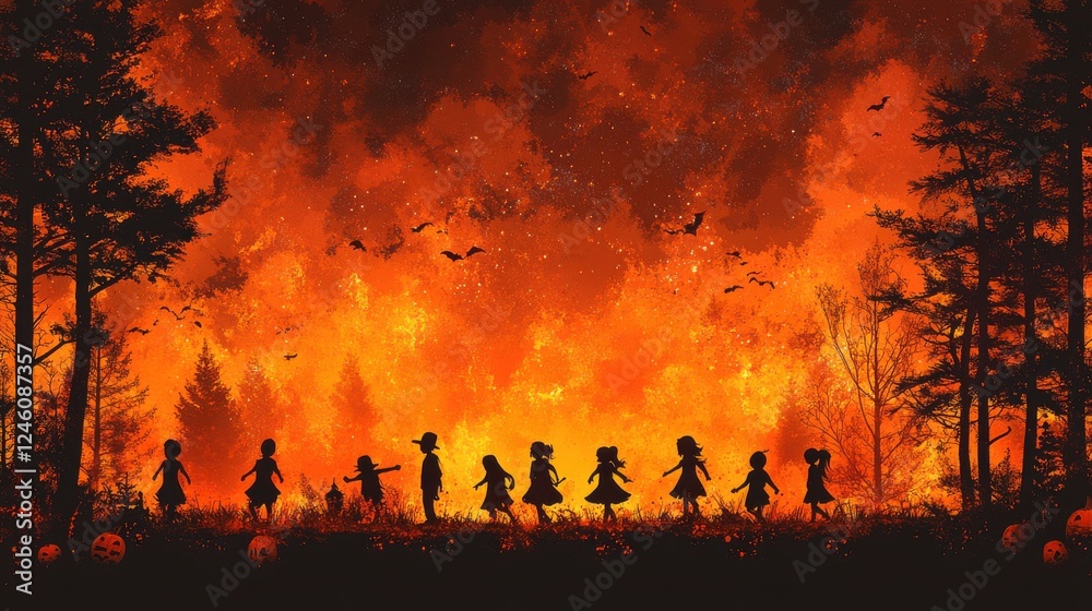 a group of kids trick or treating on a halloween night silhouettes on orange background copy space a group of kids trick or treating on a halloween night silhouettes on orange background copy space