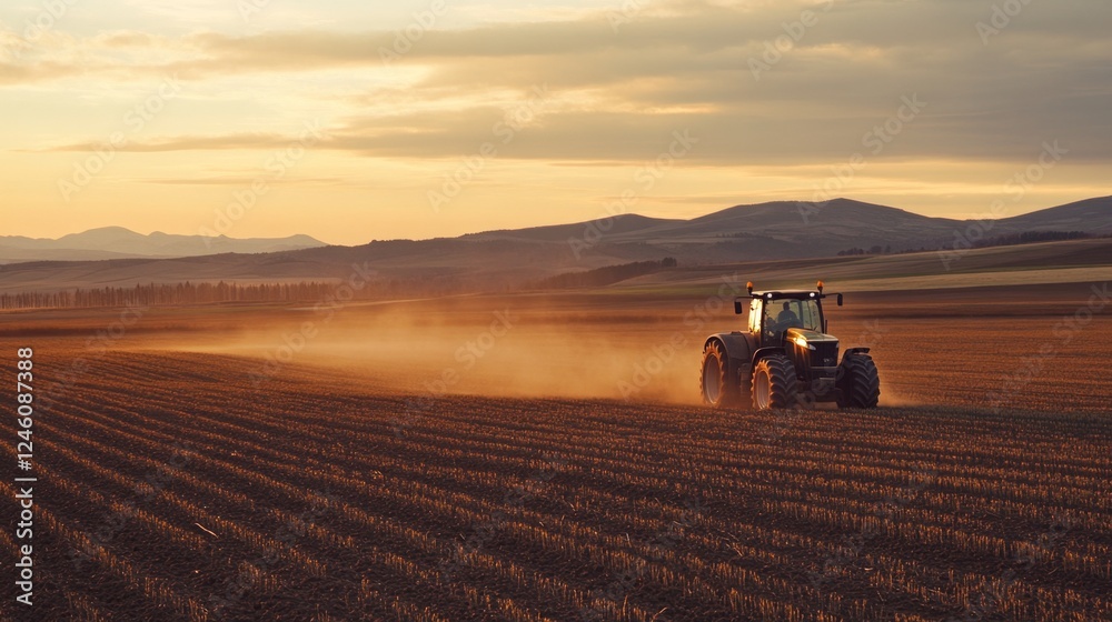 Fototapeta premium Golden Hour Farmland Tractor