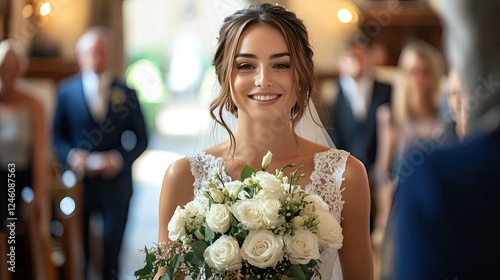 A bride walking down the aisle holding a bouquet of white roses, with an elegantly blurred background.