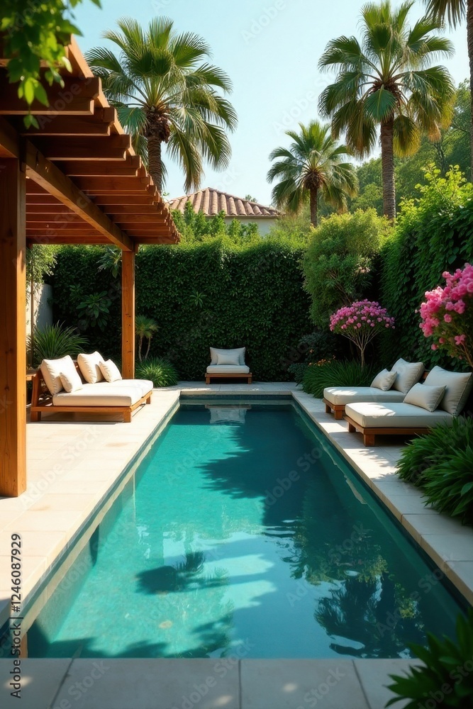 Fototapeta premium Serene Backyard Oasis Featuring a Sparkling Pool and Luxurious Loungers Under a Wooden Pergola
