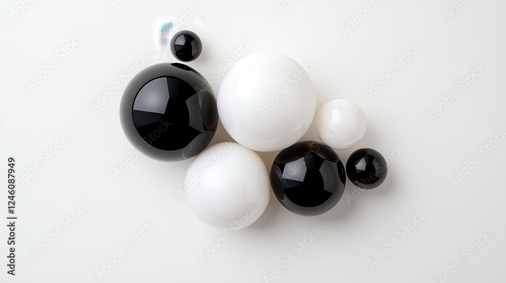 Abstract Composition of Glossy Black and White Spheres on White Background Abstract Composition of Glossy Black and White Spheres on White Background