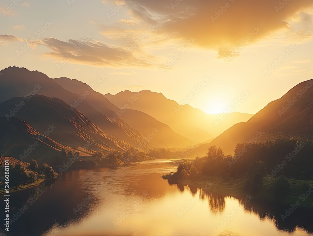 Fototapeta premium Golden hour mountain view with river reflection in warm sunset light scenery